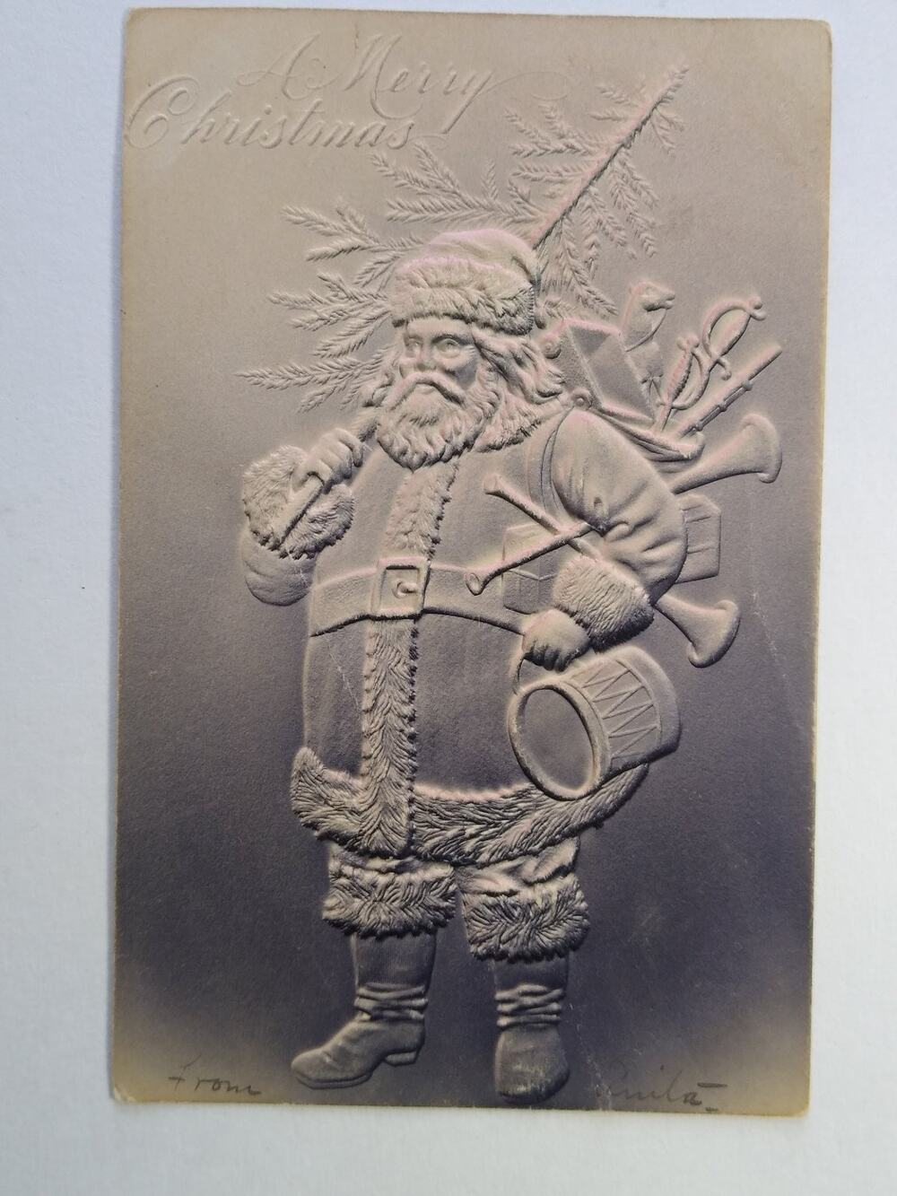 1906 Embossed Santa Claus Christmas Postcard with Toys & Drum Airbrush Vintage